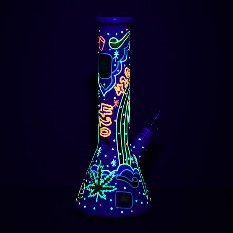 Beach Vibes 420 Painted Glow In The Dark Glass Beaker Bong  - 10" / 14mm F
