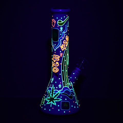 Beach Vibes 420 Painted Glow In The Dark Glass Beaker Bong  - 10 in / 14mm F