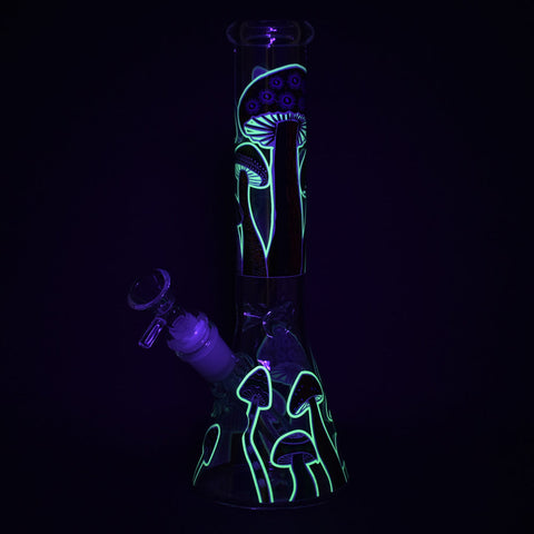 Shrooms Are Watching Glow In The Dark Glass Beaker Water Pipe - 10" / 14mm F / Designs Vary