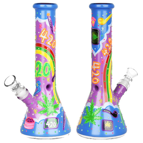 Beach Vibes 420 Painted Glow In The Dark Glass Beaker Bong  - 10 in / 14mm F