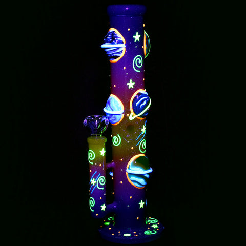 Orbiting Planets Straight Tube Glow in Dark Glass Bong - 13.75" / 19mm F