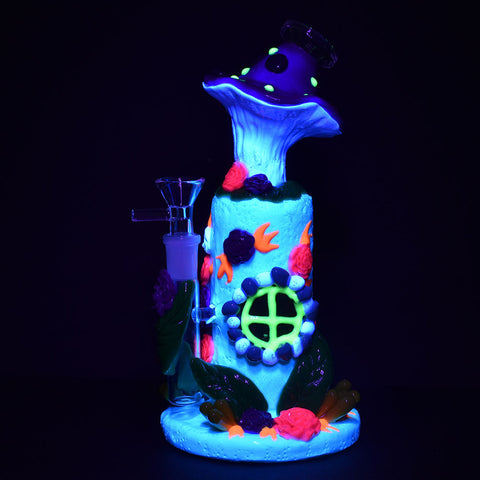 Flower And Shroom Cottage Glow In The Dark Bong- 9" / 14mm F / Colors Vary